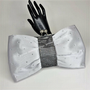 Silver Satin Glitter Evening Purse With Large Bow and Rhinestone Studded Accent